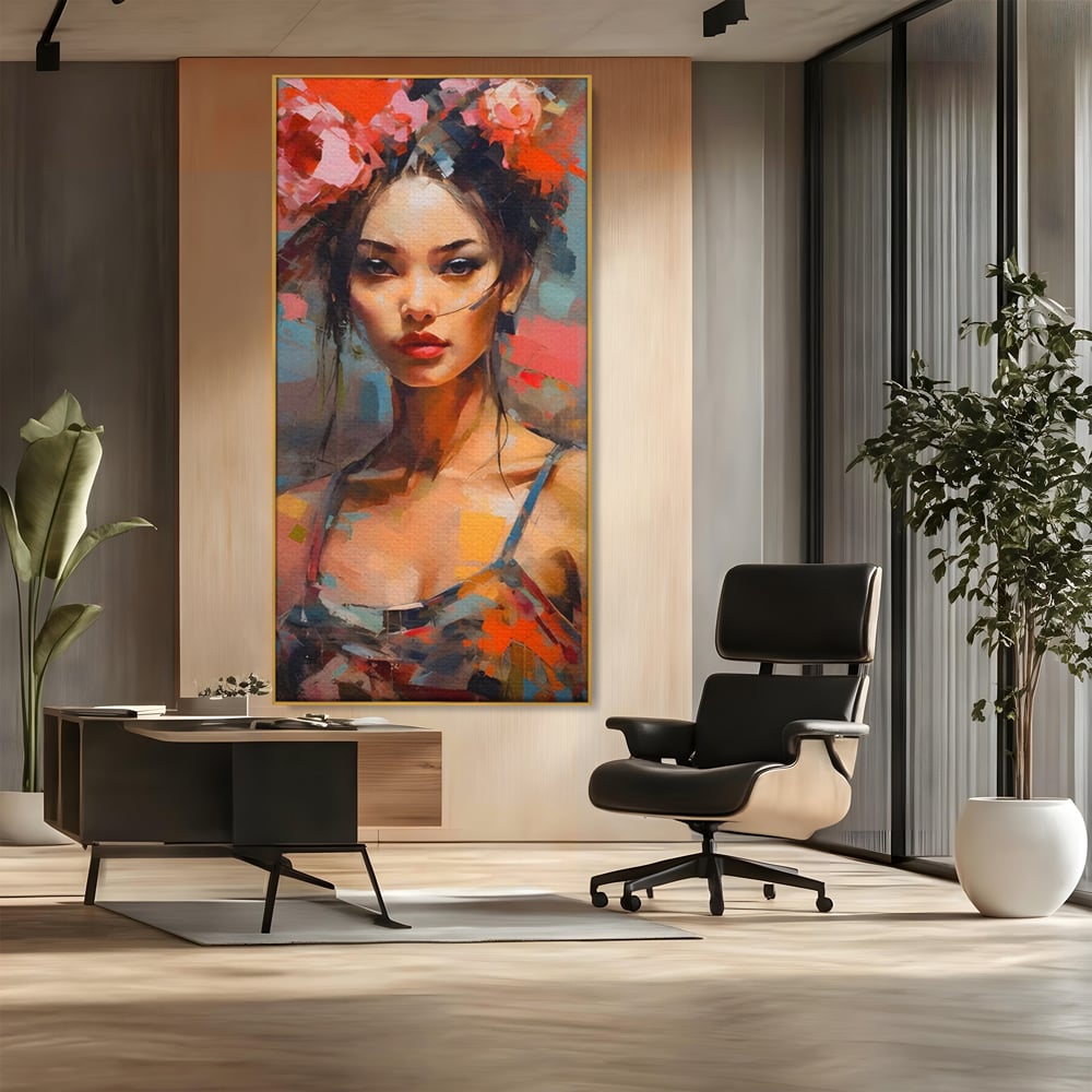 Tablou canvas cu tablou canvas cu portret de femeie, in rama de aluminiu auriu, pe perete intr-un birou